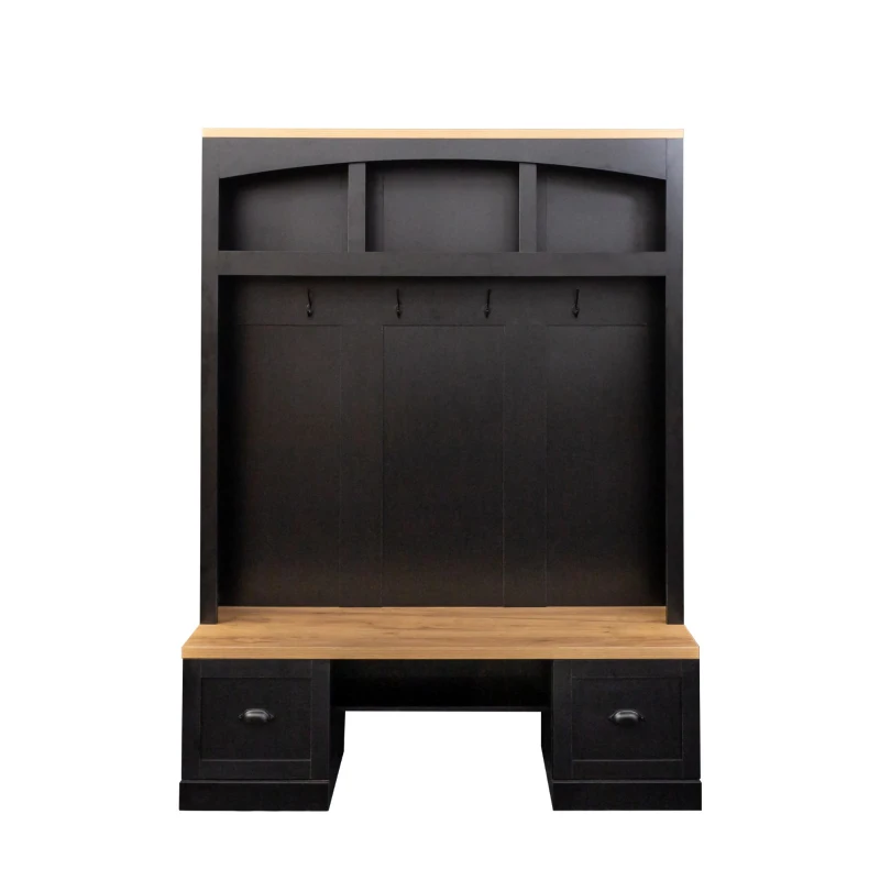 Farmhouse 4-in-1 Hall Tree with Bench and Adjustable Shelves, Multifunctional Storage Coat Rack with Hooks, 55" L x 16.5" W x 73.5" H, Black