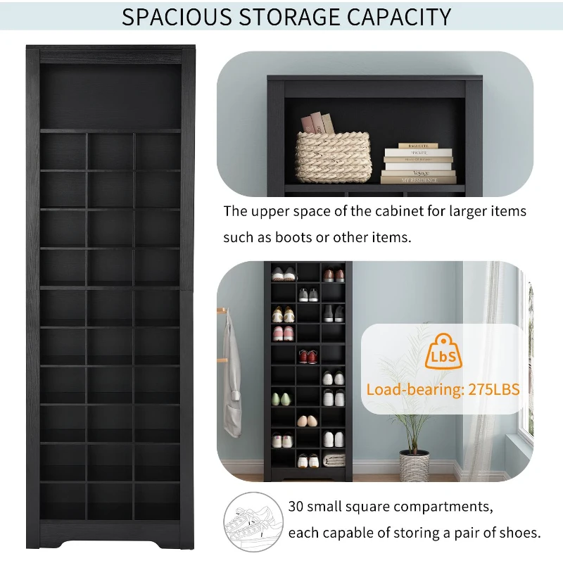 Contemporary Shoe Cabinet with Multiple Storage Capacity, Free Standing Tall Cabinet for Hallway or Bedroom, 24.5" L x 13" W x 74" H, Black