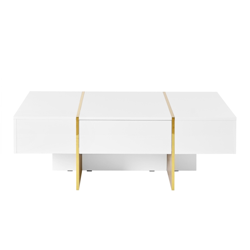 Minimalist High Gloss Coffee Table with 2 Drawers, Storage Rectangle Sofa Table, with Golden Wood Legs, 47" L x 31.5" W x 15.5" H, White