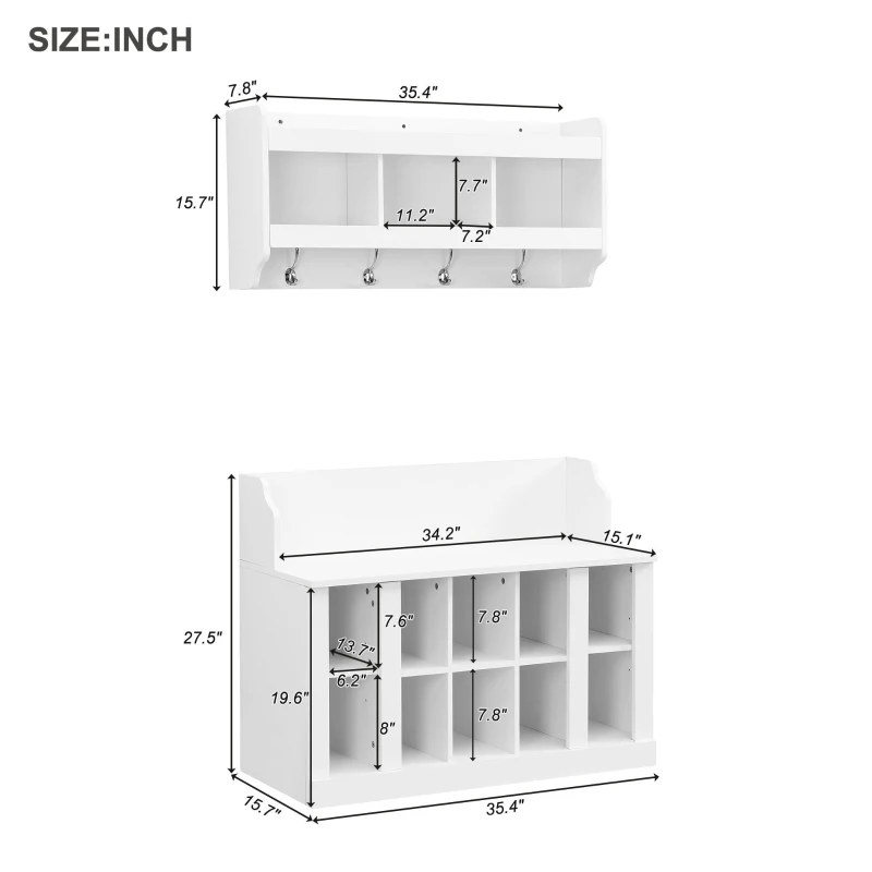 Shoe Cabinet Storage with Shelves and 4 Hooks, Elegant Hall Tree with Wall Mounted Coat Rack, Entryway Organizer for Hallway, Mudroom, White