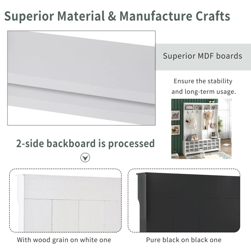 60" Modern Wide Hall Tree with Metal Hooks, Entryway Bench, 24 Shoe Cubbies and Ample Storage, Coat Rack for Hallway, White