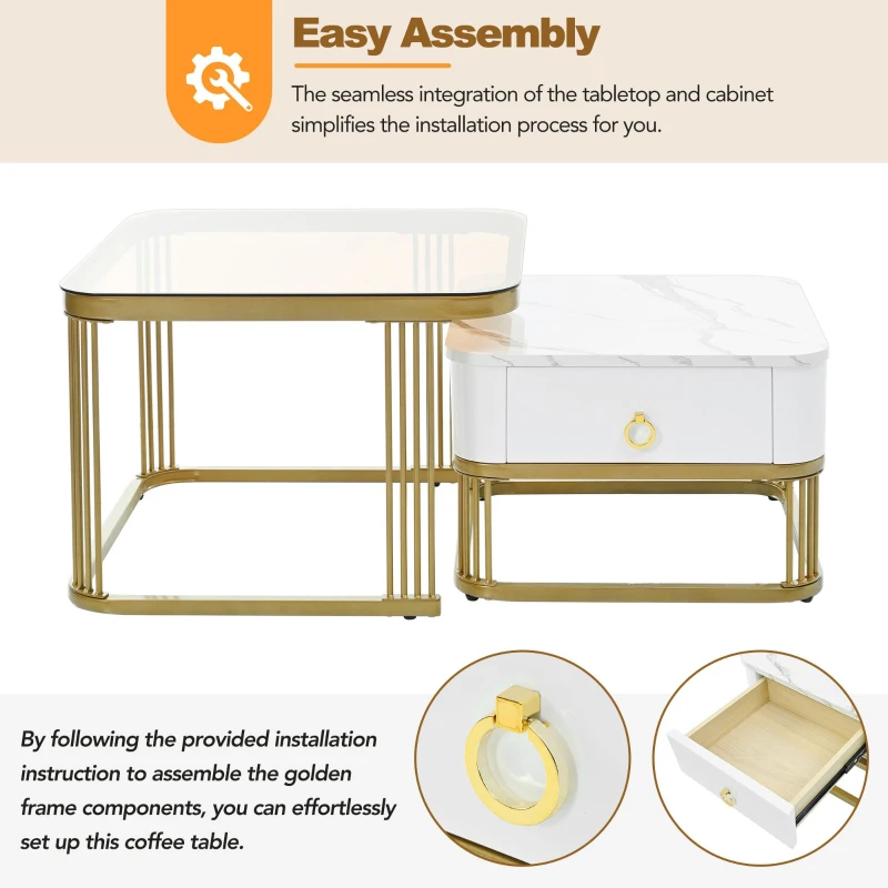 Nesting Coffee Table Set of 2 with Drawer, Square Stacking Tables with Tempered Glass and Marble Grain Tabletop for Living Room, White+Gold