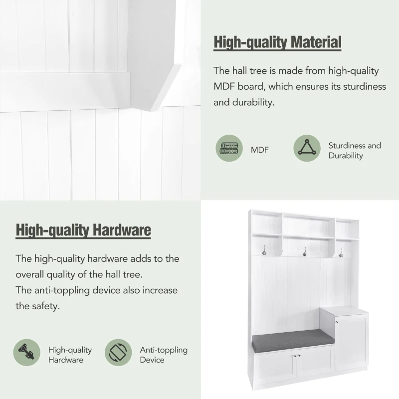 Vinsetto Elegant Hall Tree with Bench and Cushion, Modern Coat Rack with Hooks, Shoe Cabinet Storage, 59" L x 15.5" W x 78.5" H, White