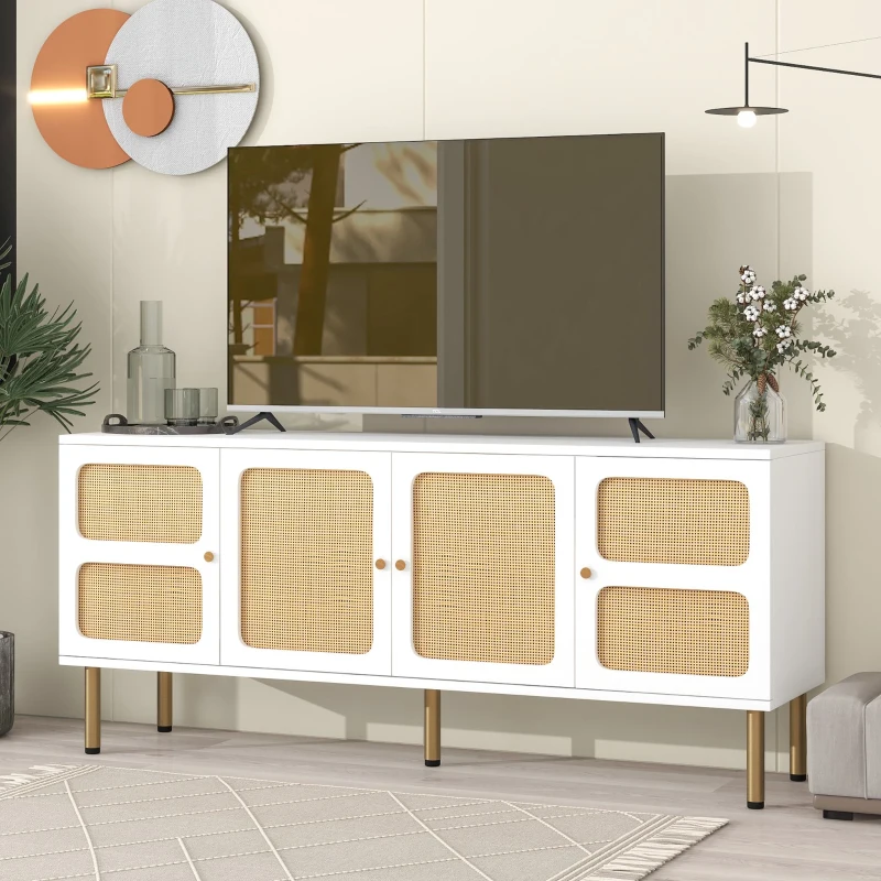 Vinsetto Boho Style TV Stand for TVs Up to 70" with Rattan Door, Media Console Table, Metal Base, Country Style Sideboard, 65" L x 17" W x 28" H, White
