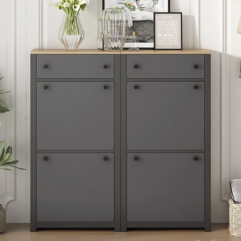 Modern Slim Shoe Cabinet Set with 4 Flip Drawers, Wood Grain Pattern Top, Adjustable Panels, Shoe Rack for Hallway, Gray