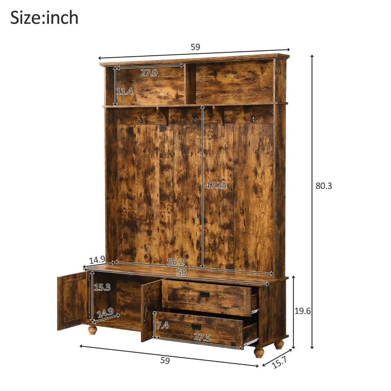 Vinsetto Modern Hall Tree with Storage Cabinet, 2 Large Drawers, Mudroom Bench with 5 Coat Hooks, 59" L x 16" W x 80.5" H, Rustic Brown