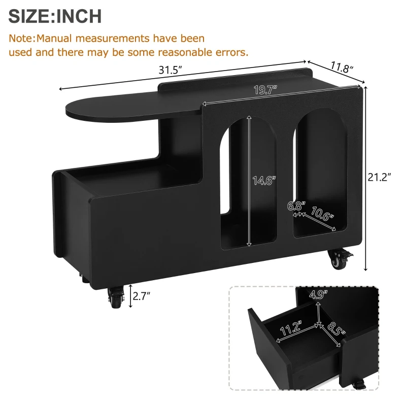 Mobile Multi-Layer Storage End Table with Lockable Wheels, Cream Style Side Table, 12" Narrow Nightstand, 31.5" L x 12" W x 21.5" H, Black