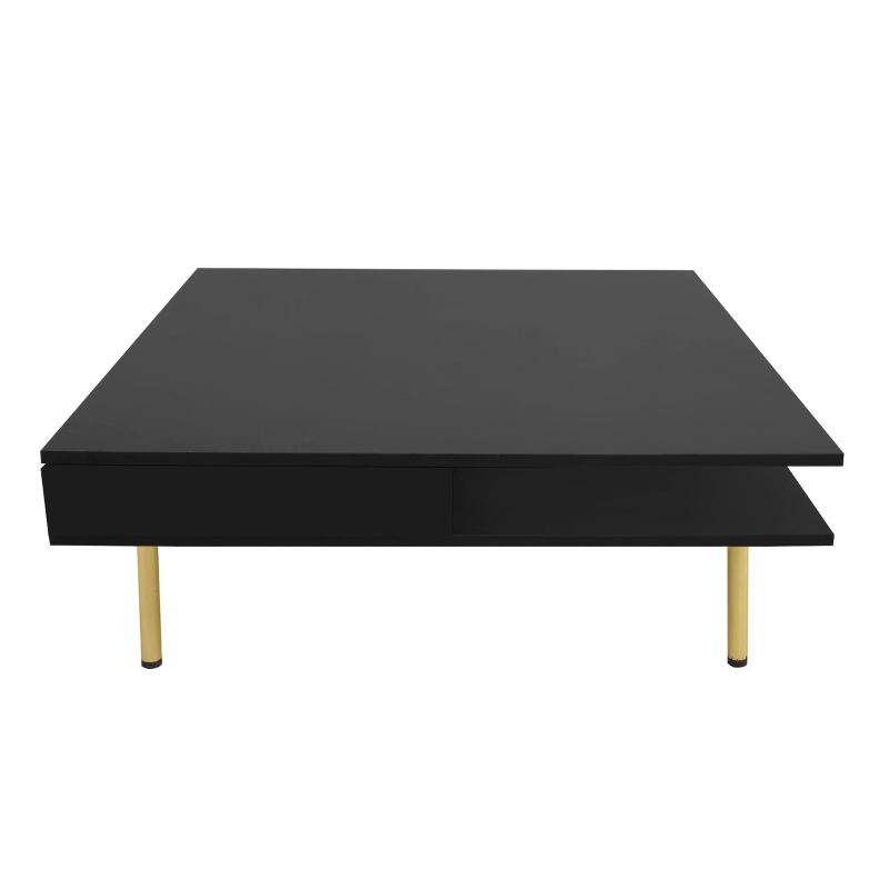 Exquisite High Gloss Coffee Table with 4 Golden Legs, 2 Small Drawers, and 2-Tier Square Center Table for Living Room, Black