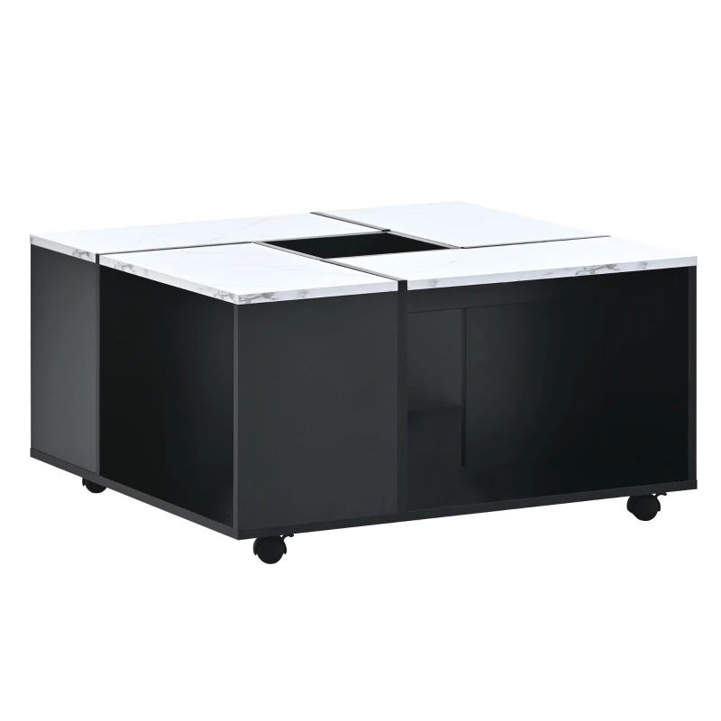 Vinsetto Modern 2-Layer Coffee Table with Casters and Removable Tray, Square Cocktail Table with UV High-Gloss Marble Design, White+Black
