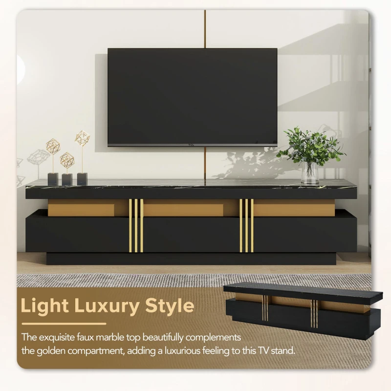 Vinsetto Luxury TV Stand with High Gloss Faux Marble Top for TVs Up to 78", Media Console with Golden Panel Design and 3 Drawers, Black+Gold