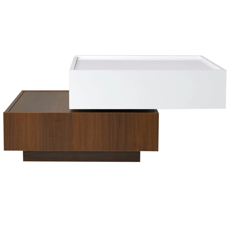 Vinsetto Square 360° Rotating Coffee Table with 2 Drawers, High Gloss 2-Tier Center Table with Swivel Tabletop and Storage, White+Walnut