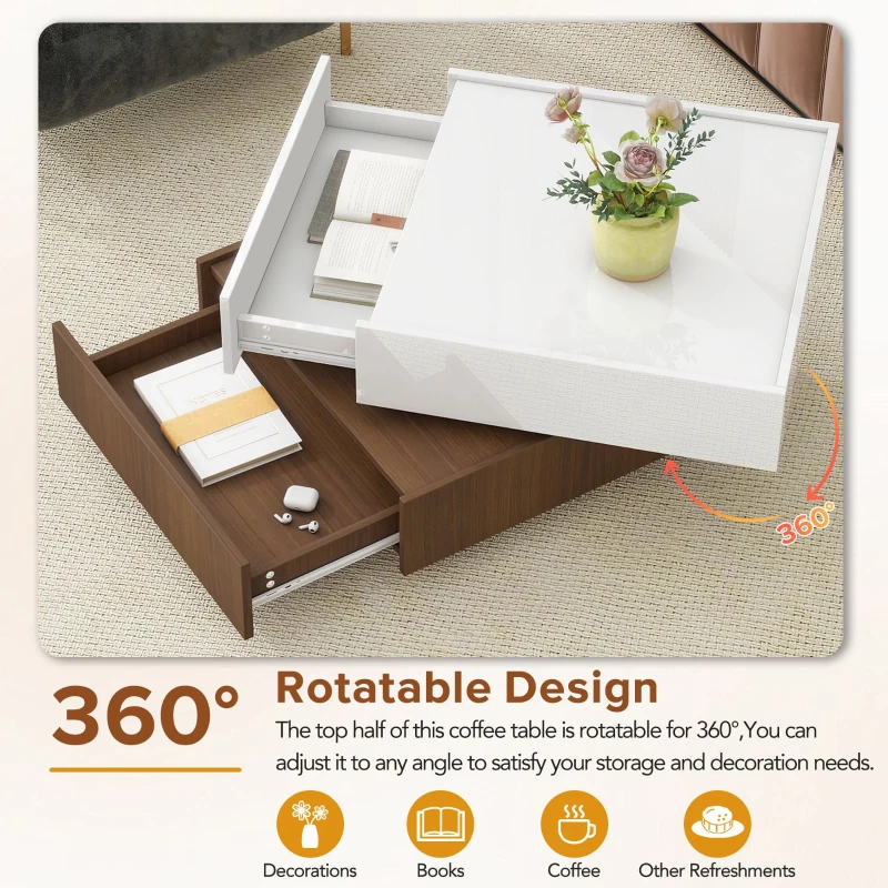 Vinsetto Square 360° Rotating Coffee Table with 2 Drawers, High Gloss 2-Tier Center Table with Swivel Tabletop and Storage, White+Walnut