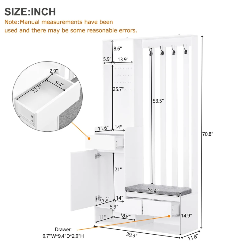 Contemporary Hall Tree with Cushioned Storage Bench, Multifunctional Coat Rack Stand, with Pegboard and 4 Hooks, 39.5" L x 12" W x 71" H, White