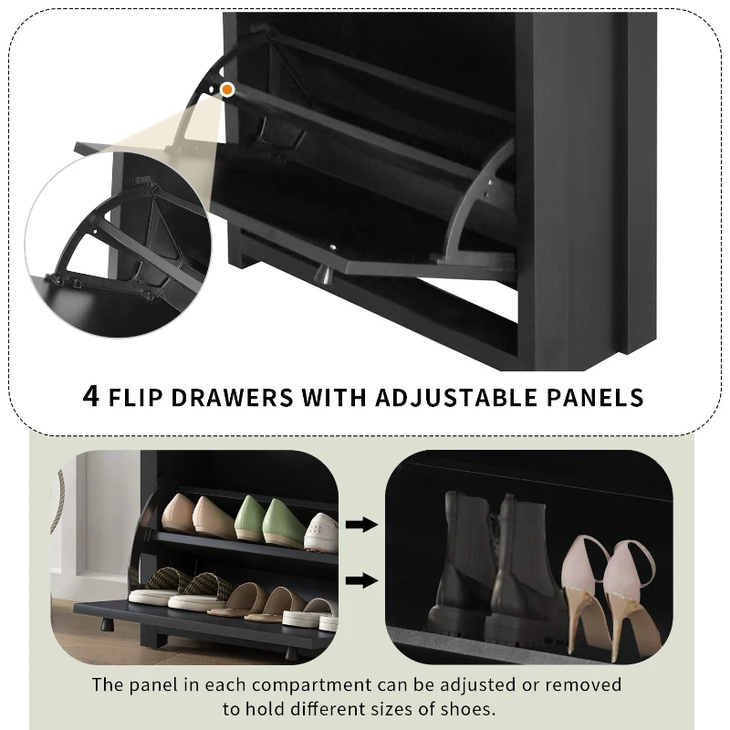 Modern Slim Shoe Cabinet Set with 4 Flip Drawers, Wood Grain Pattern Top, Adjustable Panels, Shoe Rack for Hallway, Black