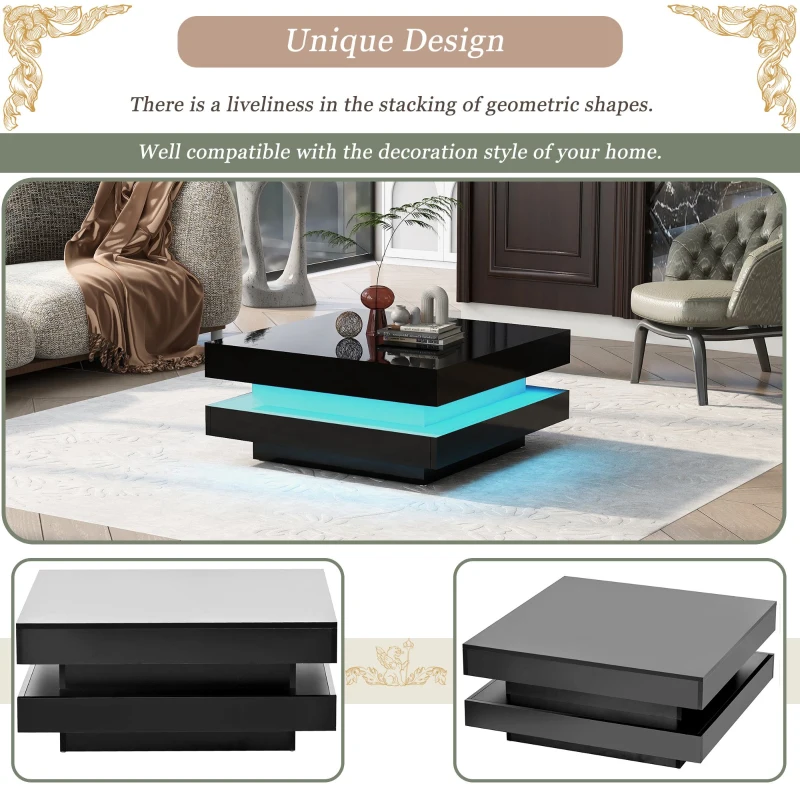High Gloss Minimalist Coffee Table with LED Lights, 2-Tier Square Center Table for Living Room, 31.5" L x 31.5" W x 14" H, Black