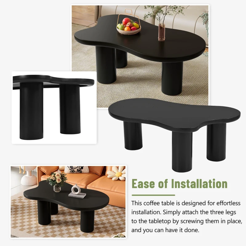 Cloud Coffee Table with 1.5" Thick Tabletop, 3 Sturdy Legs, Irregular End Table for Living Room, Easy Assembly, 44" L x 26" W x 15.5" H, Black