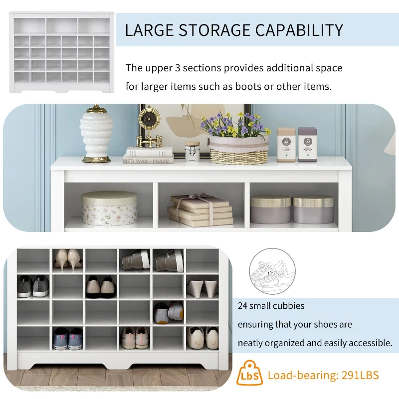Sleek Design 24-Cubby Shoe Cabinet, Modern Shoe Cabinet with Curved Base, Versatile Sideboard, 45.5" L x 13" W x 35" H, White