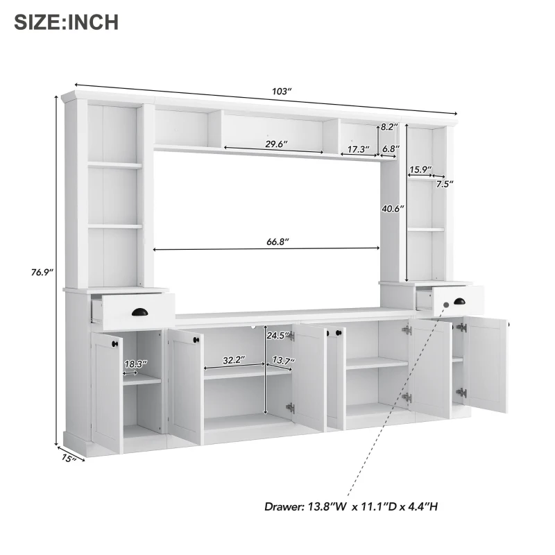 Minimalist Storage TV Stand for TVs Up to 75" with Adjustable Shelves, Entertainment Wall Unit Set for Living Room, 103" L x 15" W x 77" H, White
