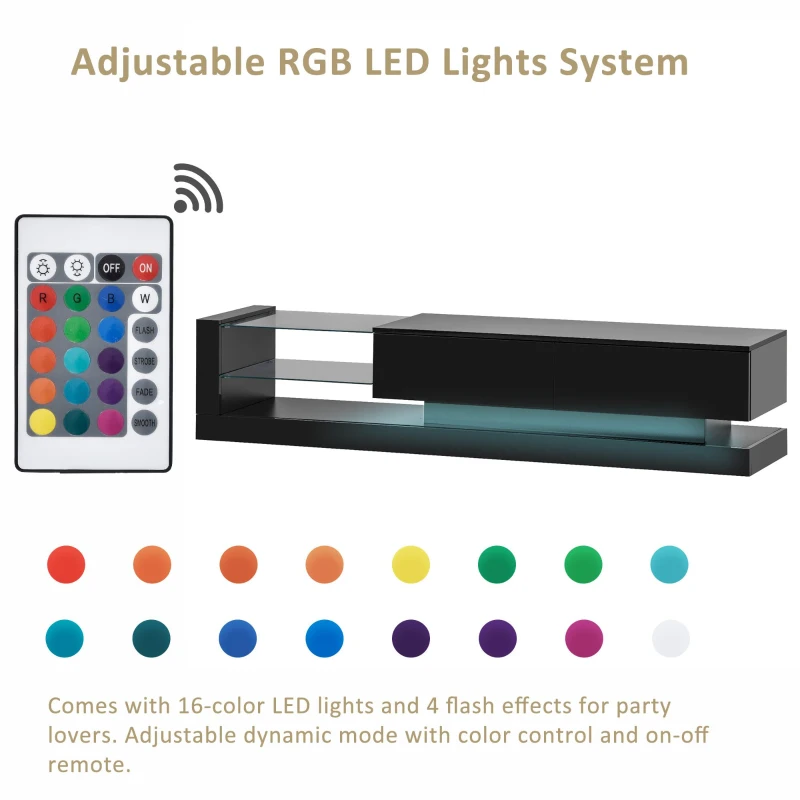 Vinsetto 71" TV Stand for 75" TV with Media Storage Cabinets, 16-Color RGB LED Lights, Modern High Gloss Entertainment Center, Black