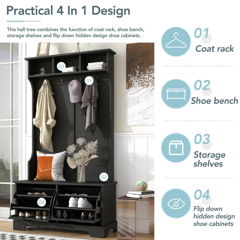 Vinsetto All in One Hall Tree with 3 Top Shelves and 2 Flip Shoe Storage Drawers, Wood Hallway Organizer with Metal Hanging Hooks, Black