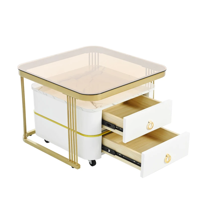 2-in-1 Square Nesting Coffee Table with Wheels & Drawers, High Gloss Marble Grain Top, Tempered Glass, 29" L x 27" W x 16" H, White+Gold