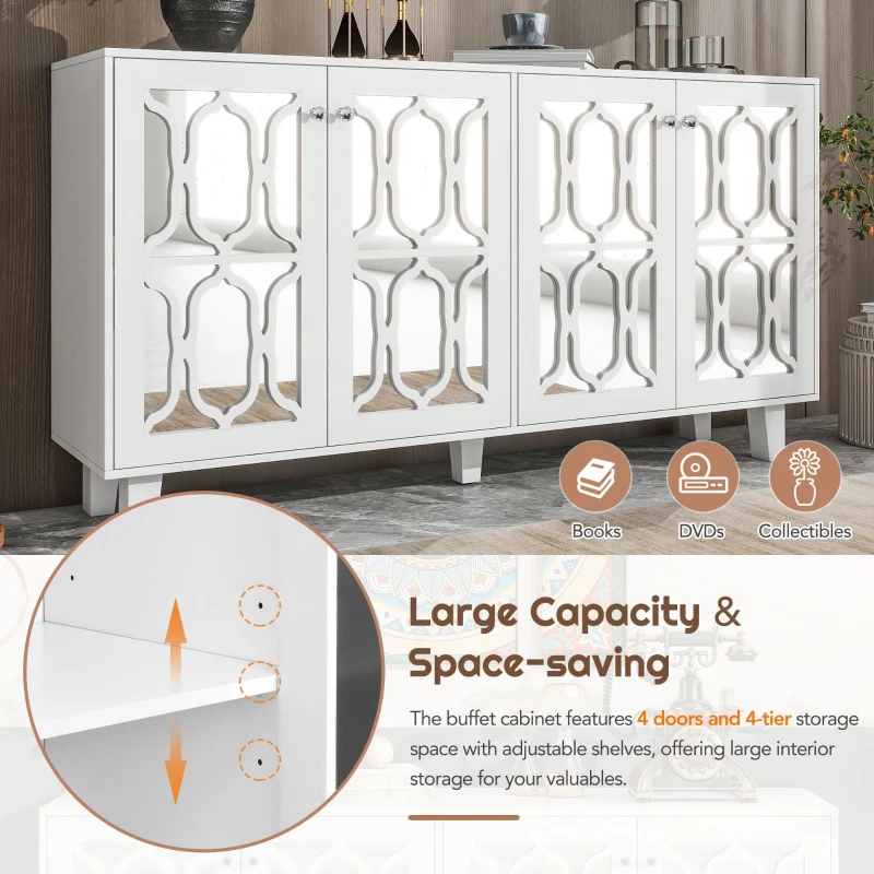 Vinsetto Side Cabinet with Adjustable Shelves, 4-Door Mirror Hollow-Carved TV Stand for TVs Up to 70", Multi-functional Console Table with Storage, White