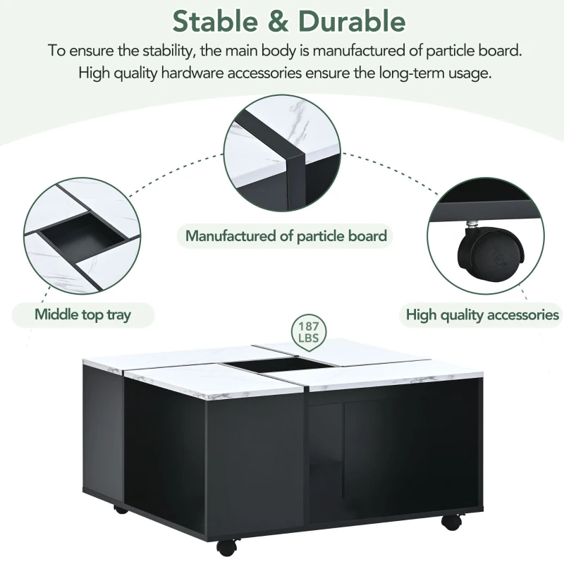 Vinsetto Modern 2-Layer Coffee Table with Casters and Removable Tray, Square Cocktail Table with UV High-Gloss Marble Design, White+Black