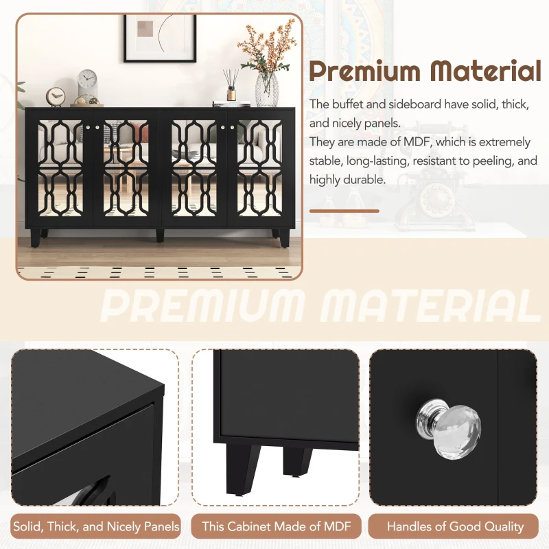 Vinsetto Side Cabinet with Adjustable Shelves, 4-Door Mirror Hollow-Carved TV Stand for TVs Up to 70", Multi-functional Console Table with Storage, Black