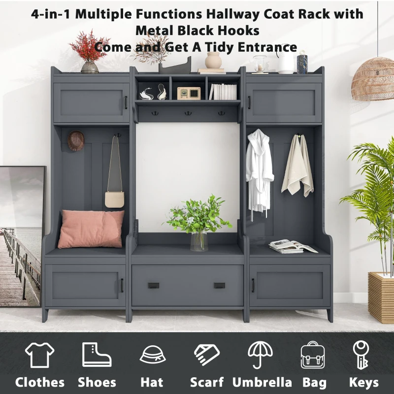 Vinsetto Modern 4-in-1 Hall Tree with Coat Rack, Storage Bench, Entryway Shelf, 7 Metal Hooks, and 4 Cabinets, 78.5" L x 15" W x 72" H, Grey