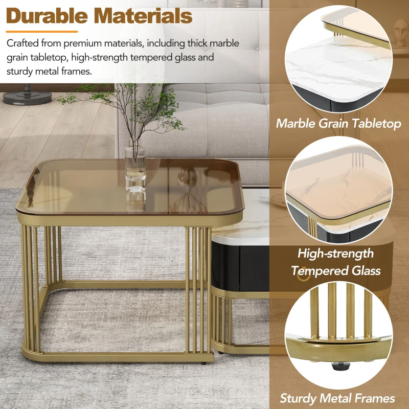 Nesting Coffee Table Set of 2 with Drawer, Brown Tempered Glass and High Gloss Marble Grain Tabletop, 24" W x 24" D x 16.5" H, Black+Gold