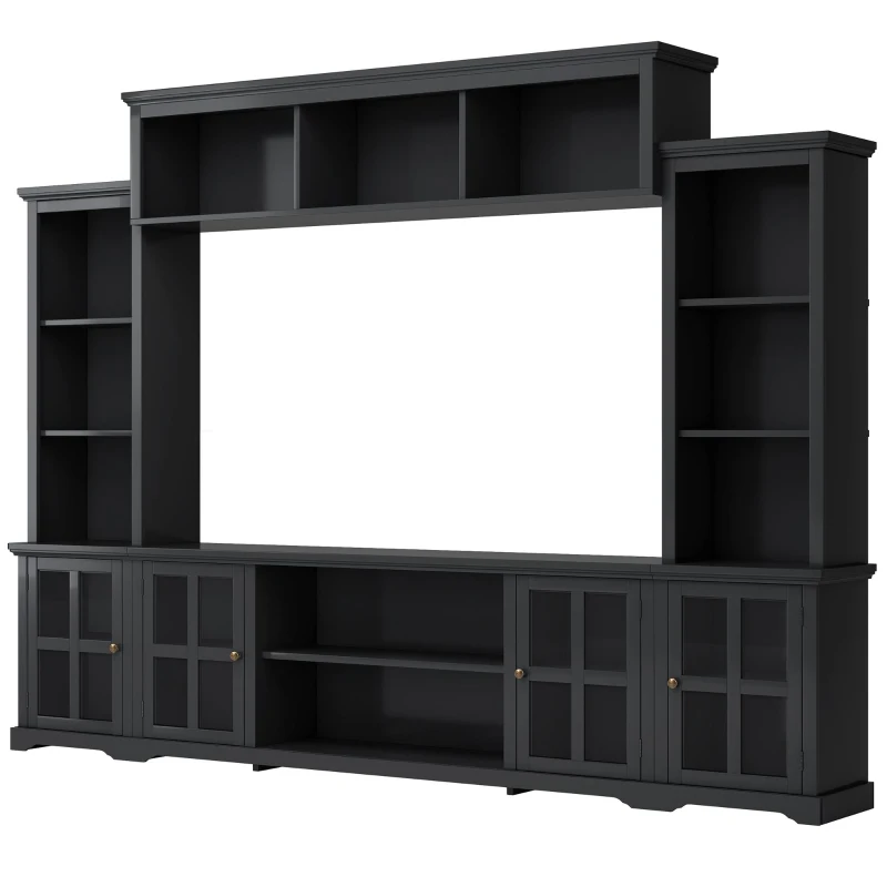 Modern Multifunctional TV Stand for TVs Up to 70" with Glass Door and Bridge, Minimalism Entertainment Wall Unit, 104" L x 15" W x 78.5" H, Black