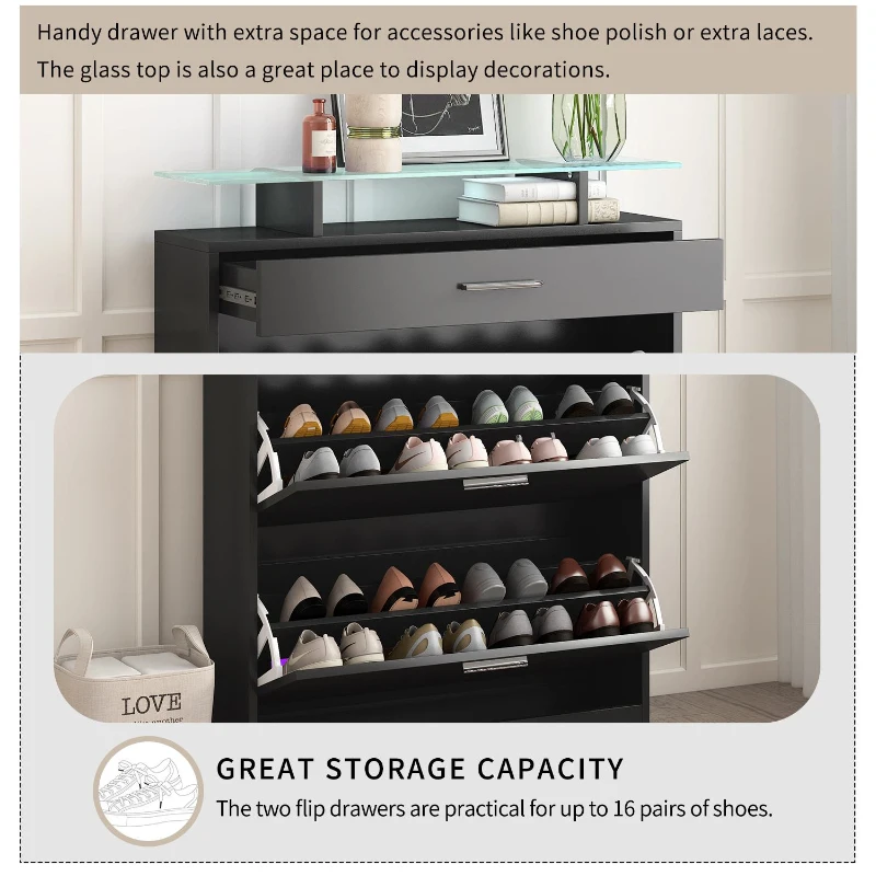 Shoe Cabinet with 2 Flip Drawers and Adjustable Shoe Storage, Tempered Glass Top, LED Light, 35" L x 9.5" W x 41" H, Black