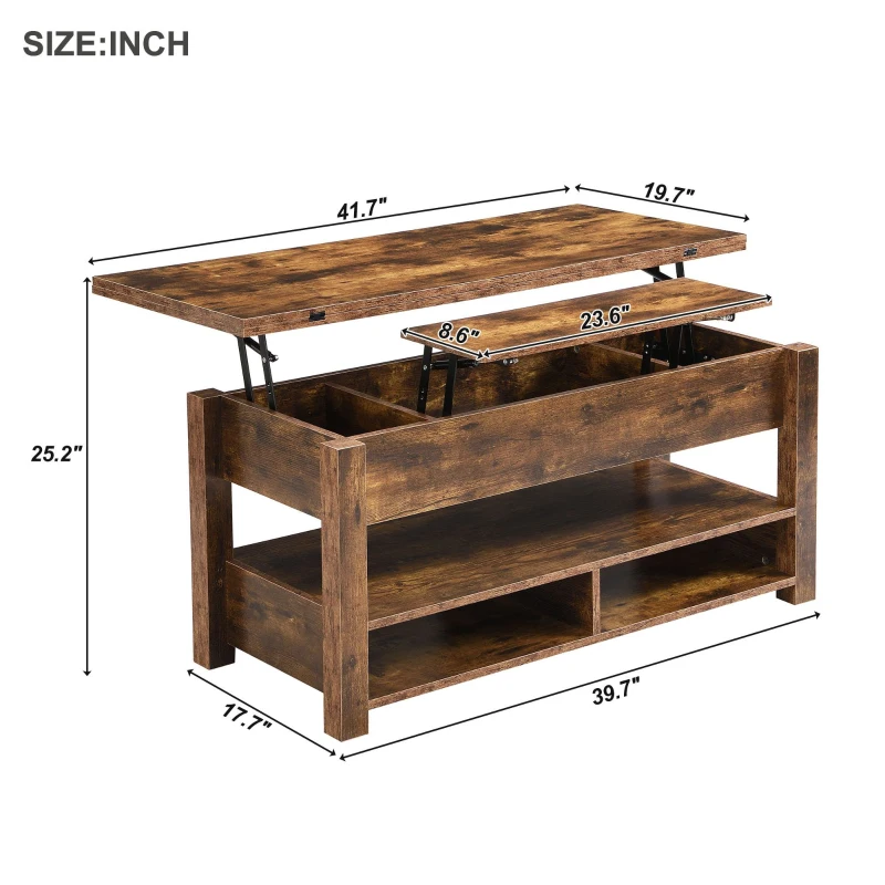 Lift Top Coffee Table with Multi-Functional Open Shelves, Modern Lift Tabletop Dining Table for Living Room, Home Office, Rustic Brown