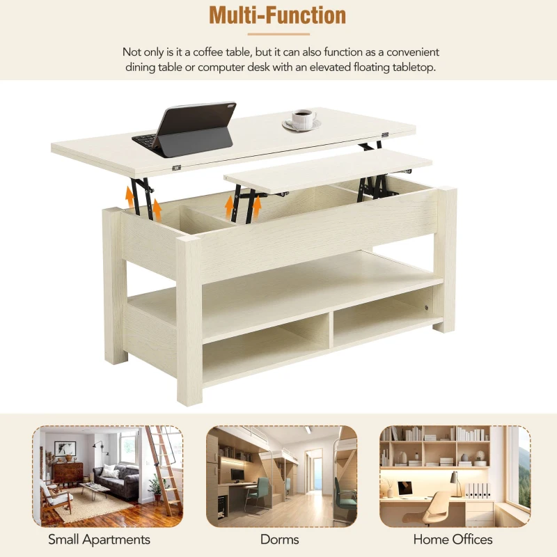 Vinsetto Lift Top Coffee Table with Multi-Functional Open Shelves, Modern Lift Tabletop Dining Table for Living Room, 42" L x 40" W x 25.5" H, Ivory