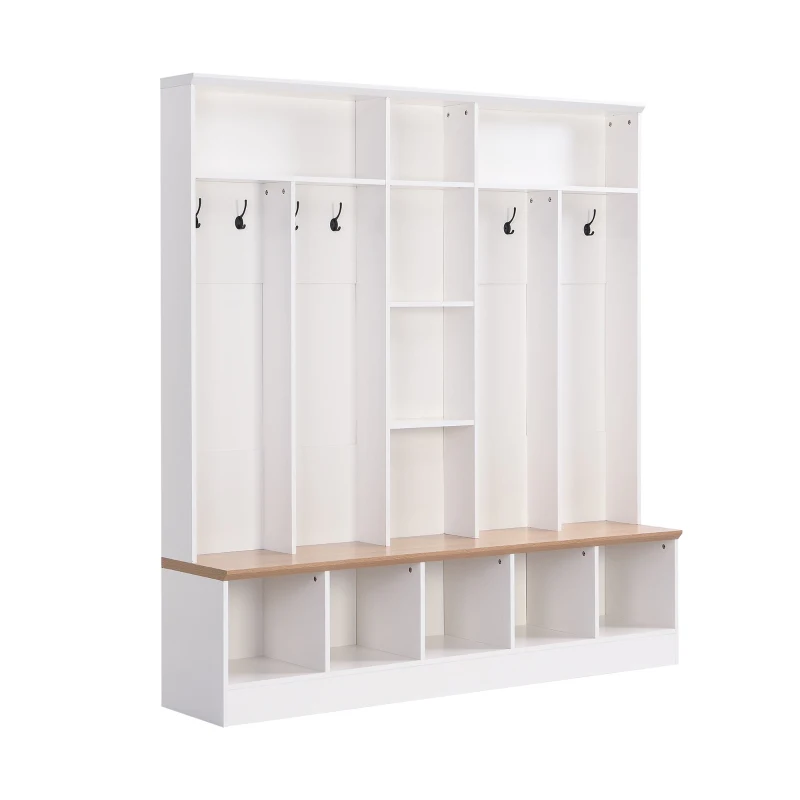 Wide Hall Tree with Storage Bench, Cube Storage, Shelves and 8 Hooks, Multifunctional Coat Rack, Shoe Cabinet, 67" L x 15" W x 72" H, White