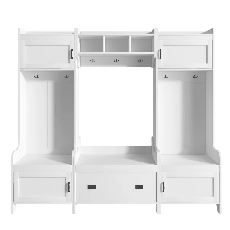 Modern 4-in-1 Hall Tree with Coat Rack, Storage Bench, Entryway Shelf, 7 Metal Hooks, and 4 Cabinets, 78.5" L x 15" W x 72" H, White