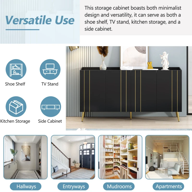 Storage Shoe Cabinet with 5 Metal Legs, Gold Lines Doors, Minimalist Sideboard Cabinet, Modern TV Stand, 63" L x 15" W x 31.5" H, Black
