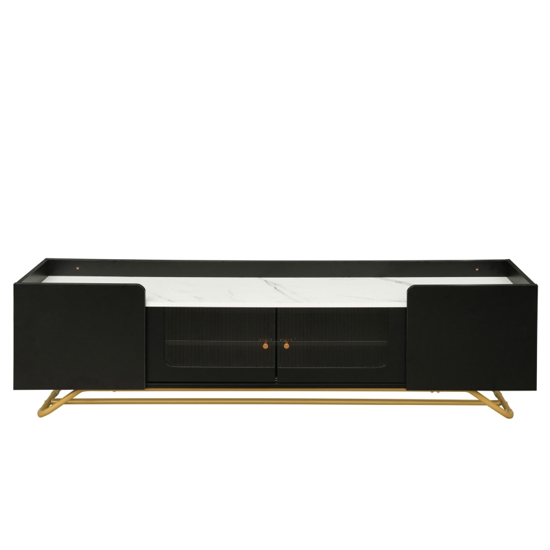 Vinsetto Sleek Design TV Stand with Fluted Glass, Faux Marble Top, and Gold Frame Base, Fits TVs Up to 70", 63.5" L x 12.5" W x 19" H, Black
