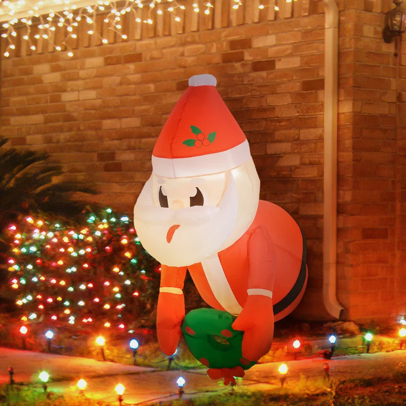 Outsunny 3.4' Inflatable Santa Claus Holding Wreath w/ LED Lights, Blow-Up Outdoor Hanging Display for Garden Party