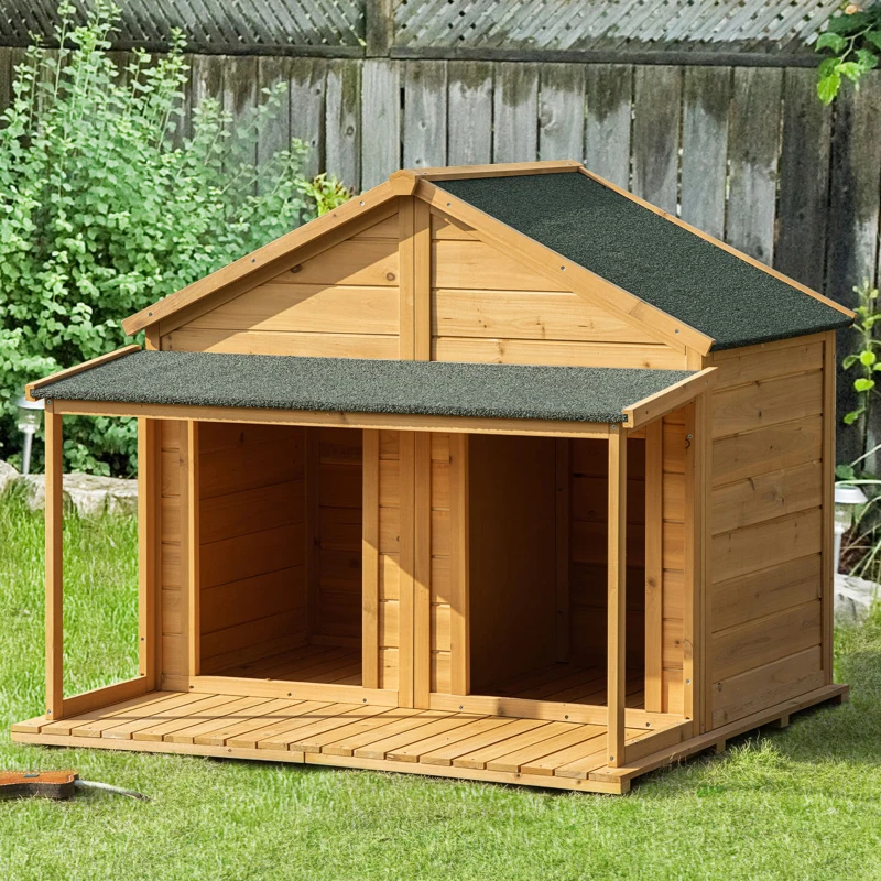 PawHut Wooden Dog House Outdoor for 2 Medium Small Dogs with Porch