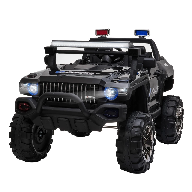 Aosom Kids Ride-On Car 12V RC 2-Seater Police Truck Electric Car For Kids with Full LED Lights, MP3, Parental Remote Control, Black(m-12)