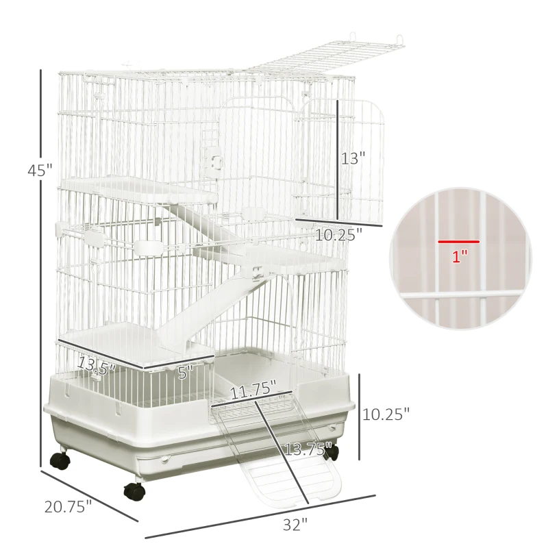 PawHut 32"L 4-Level Small Animal Cage Rabbit Hutch with Universal Lockable Wheels, Slide-out Tray for Bunny, Chinchillas, Ferret, White