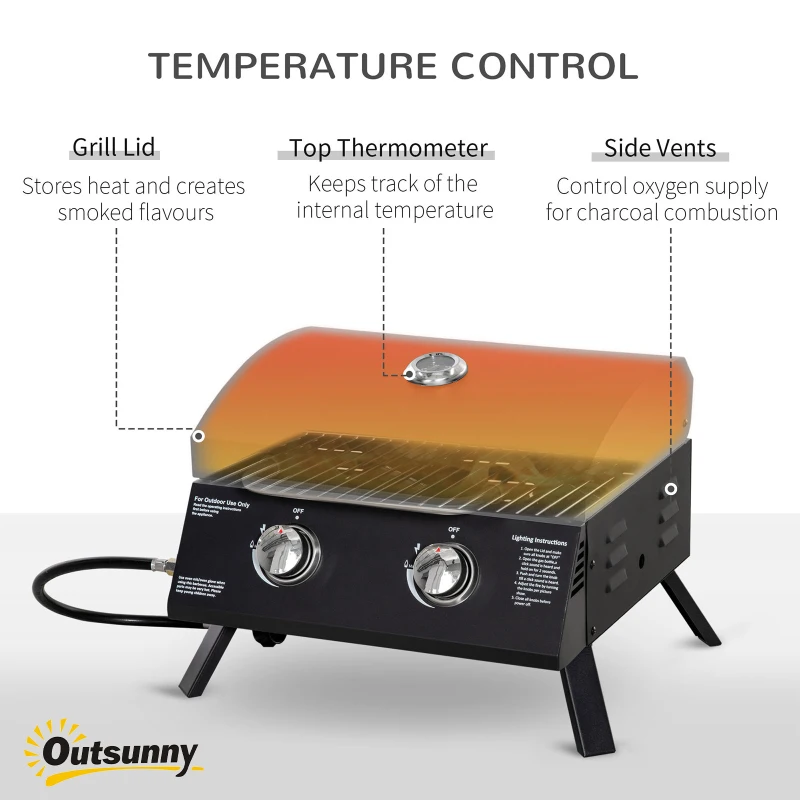 Outsunny 21.75" Charcoal BBQ, Portable Grill with 2 Burners, Heat-Resistant Handle, Folding Legs, Removable Ashtray, Thermometer, Carbon Steel, for Outdoor Cooking, Camping, Black