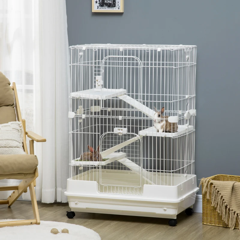 PawHut 32"L 4-Level Small Animal Cage Rabbit Hutch with Universal Lockable Wheels, Slide-out Tray for Bunny, Chinchillas, Ferret, White