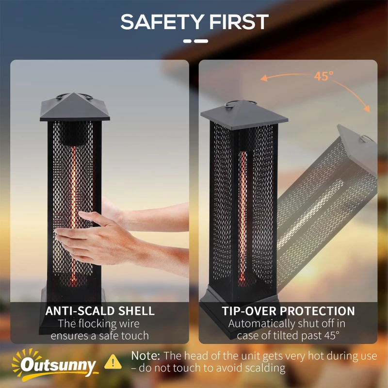 Outsunny Small Patio Heater, 1500W Electric Infrared Outdoor Heater with IP54 Safety Rating & Tip-Over Protection, Silent Design, Handle & Burn Shield, Black