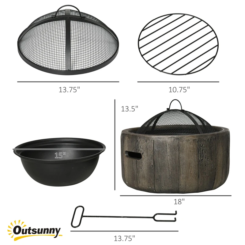 Outsunny Outdoor Fire Pit, 18 Inch Metal Wood Burning Fireplace with Spark Cover, Poker, Woodgrain Design for Patio, Picnic, Backyard, Dark Brown