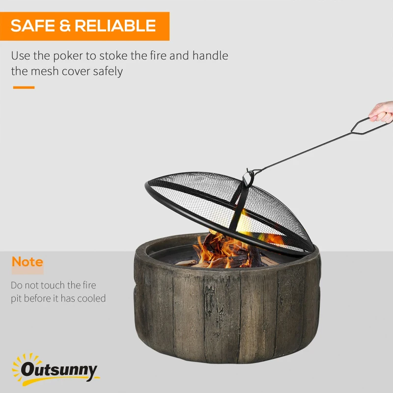 Outsunny Outdoor Fire Pit, 18 Inch Metal Wood Burning Fireplace with Spark Cover, Poker, Woodgrain Design for Patio, Picnic, Backyard, Dark Brown