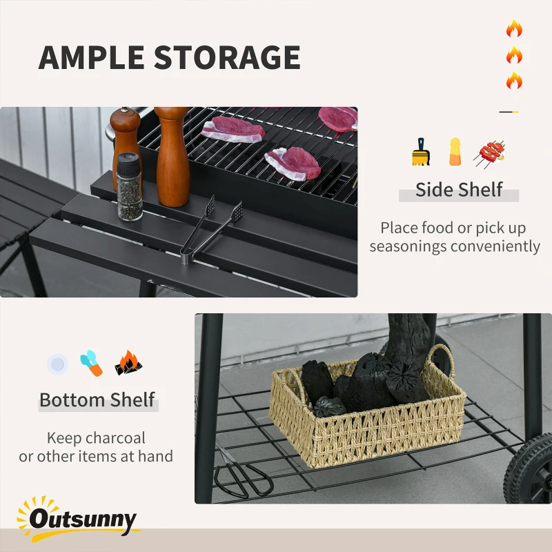 Outsunny 30" Portable Charcoal Barbecue Grill with Wheels Outdoor Barbecue with Adjustable Charcoal Rack, Storage Shelf, for Garden Camping Picnic