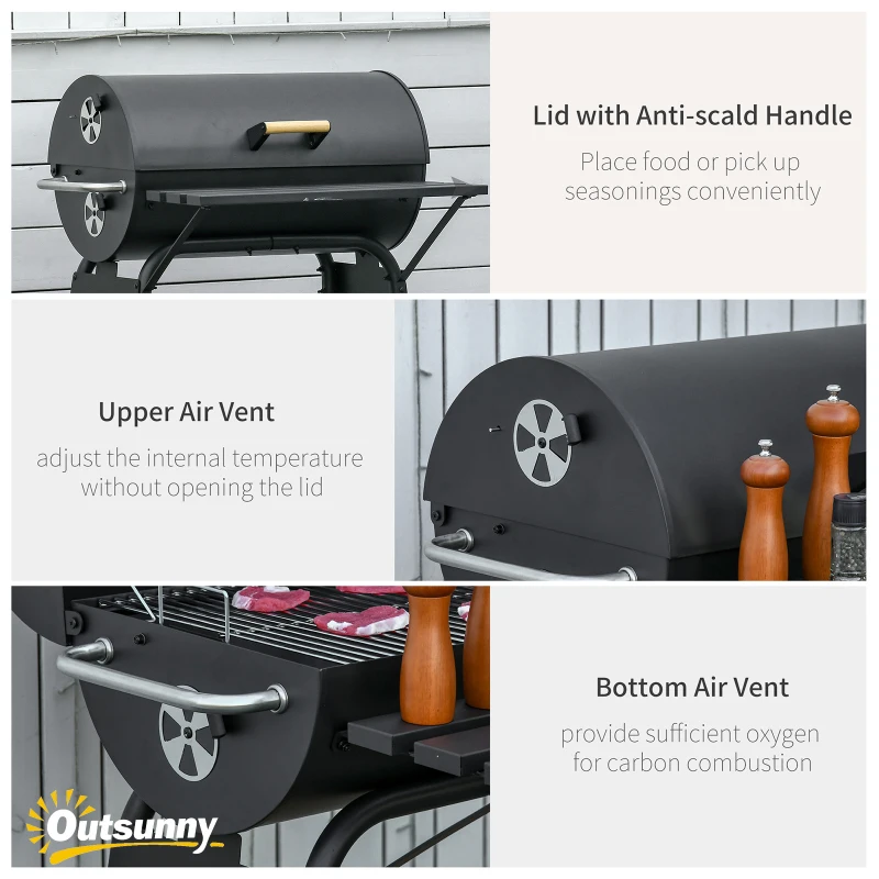 Outsunny 30" Portable Charcoal Barbecue Grill with Wheels Outdoor Barbecue with Adjustable Charcoal Rack, Storage Shelf, for Garden Camping Picnic