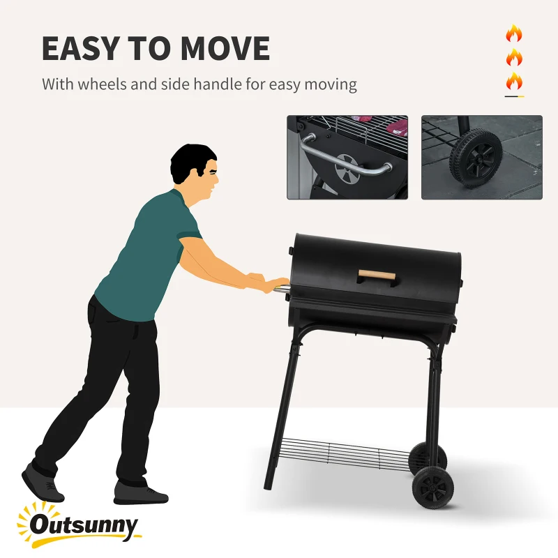 Outsunny 30" Portable Charcoal Barbecue Grill with Wheels Outdoor Barbecue with Adjustable Charcoal Rack, Storage Shelf, for Garden Camping Picnic